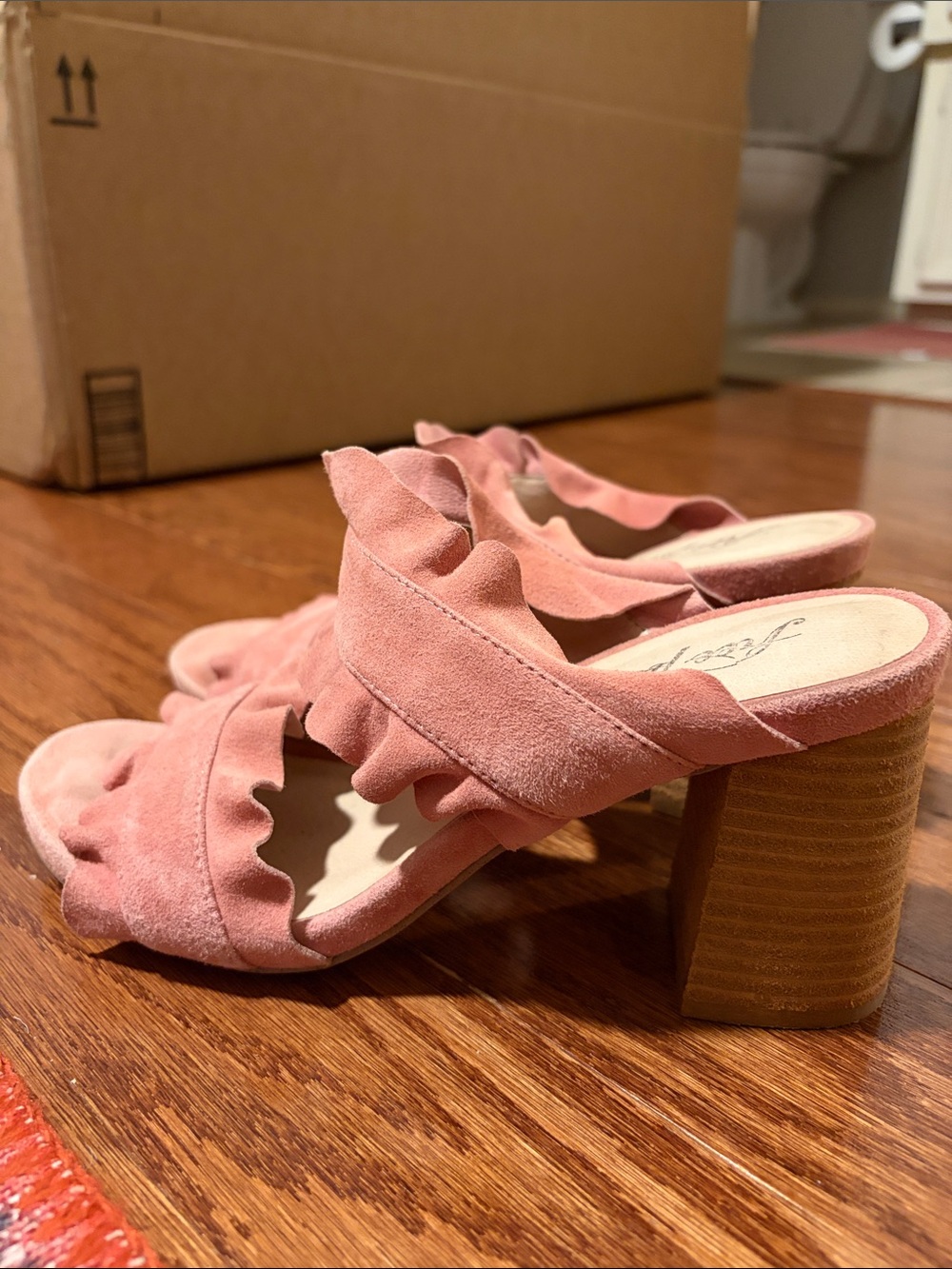 Used Free People Ruffled Pink Block Heel Mules - Picture 9 of 11